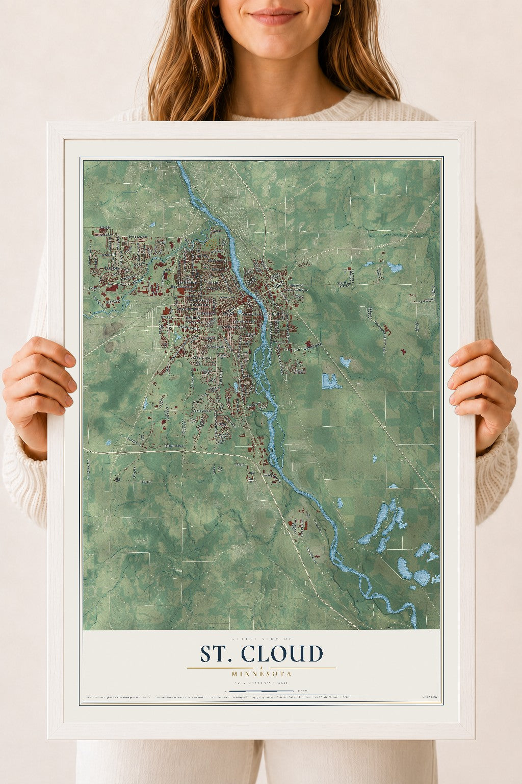 Map of St. Cloud, Minnesota, 18 x 24 inch print in a white wood frame