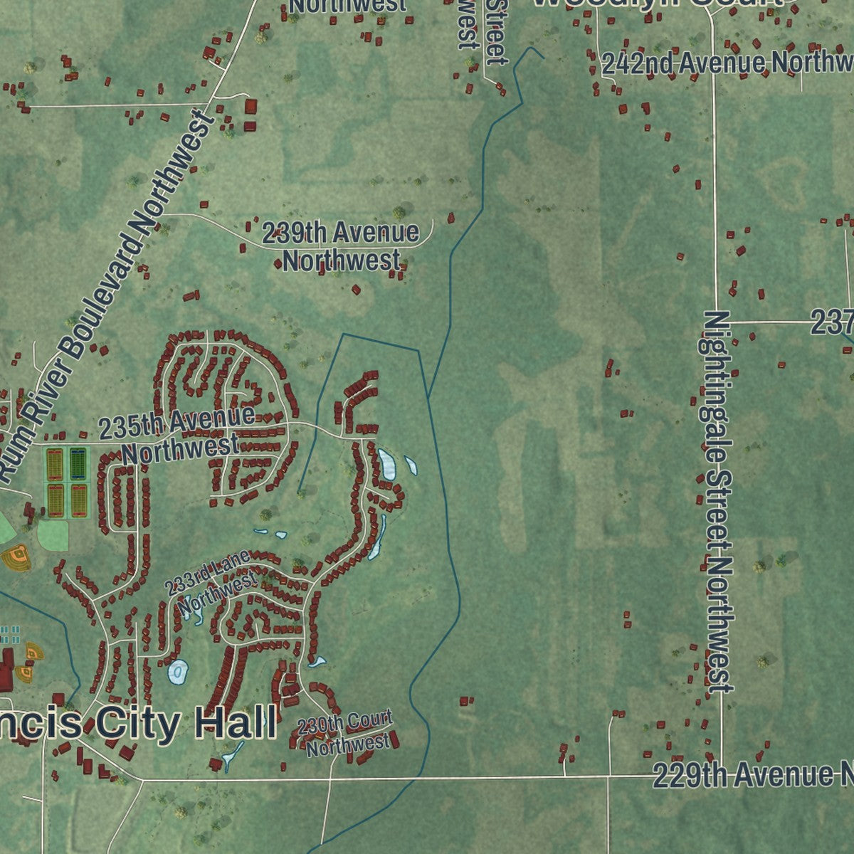 Second close-up of the map of St. Francis, Minnesota print showing more streets and buildings