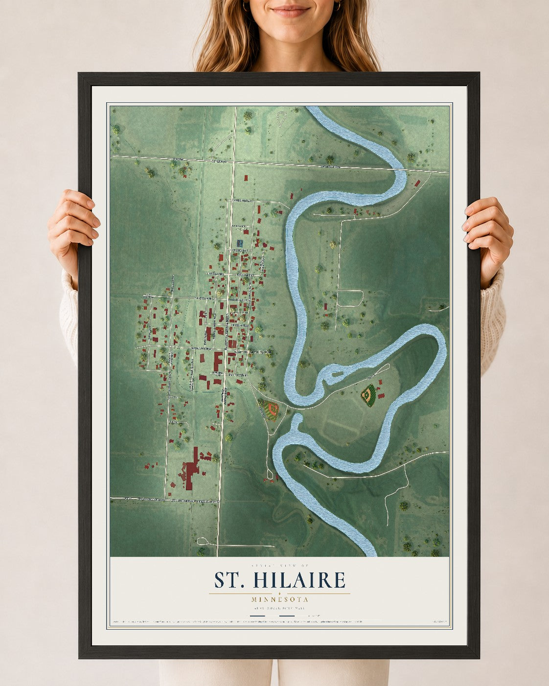 Map of St. Hilaire, Minnesota, 24 x 36 inch print in a black wood frame