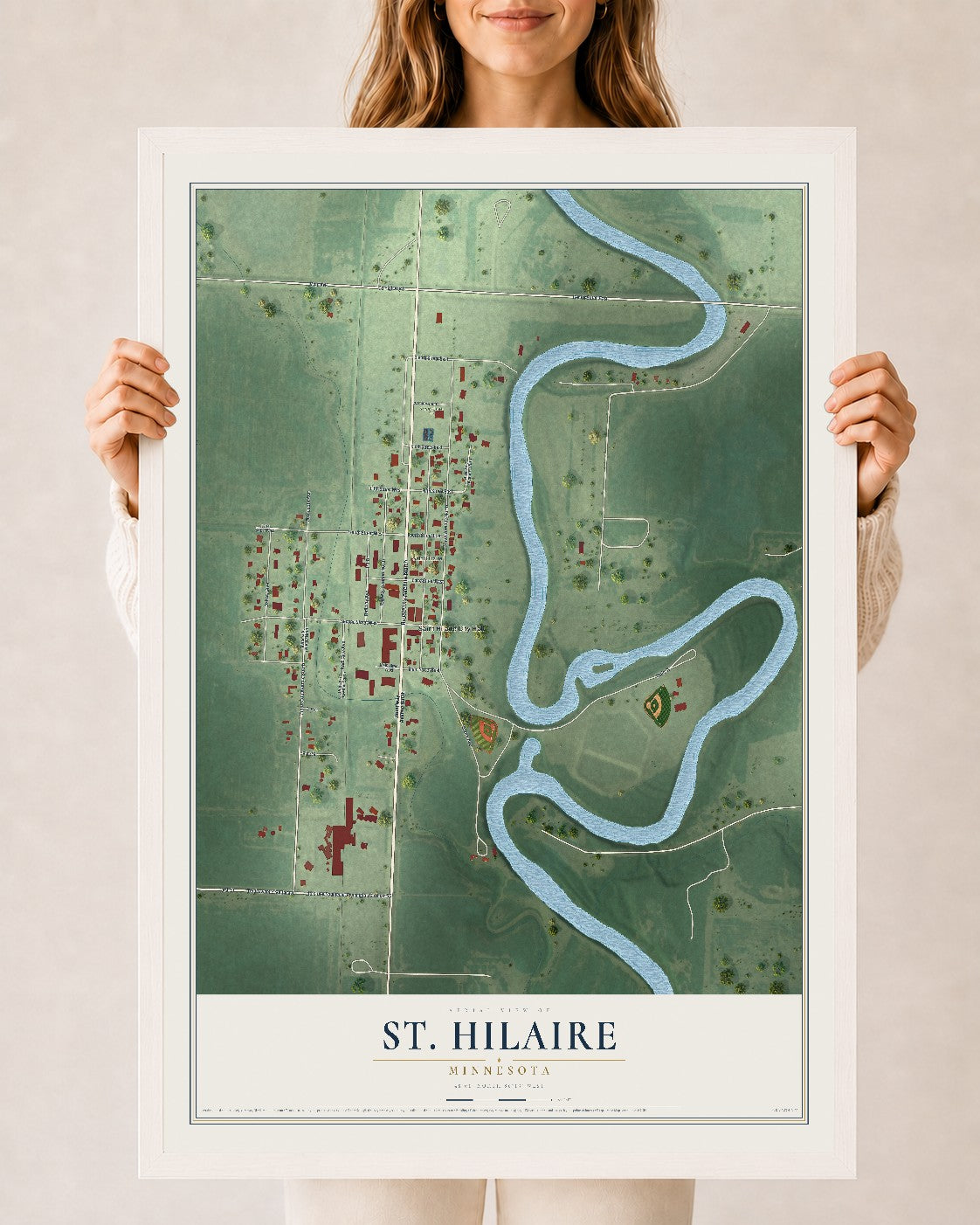 Map of St. Hilaire, Minnesota, 24 x 36 inch print in a white wood frame