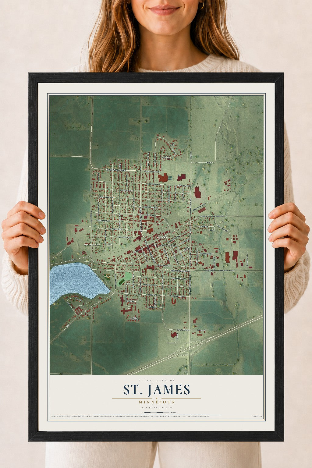 Map of St. James, Minnesota, 18 x 24 inch print in a black wood frame