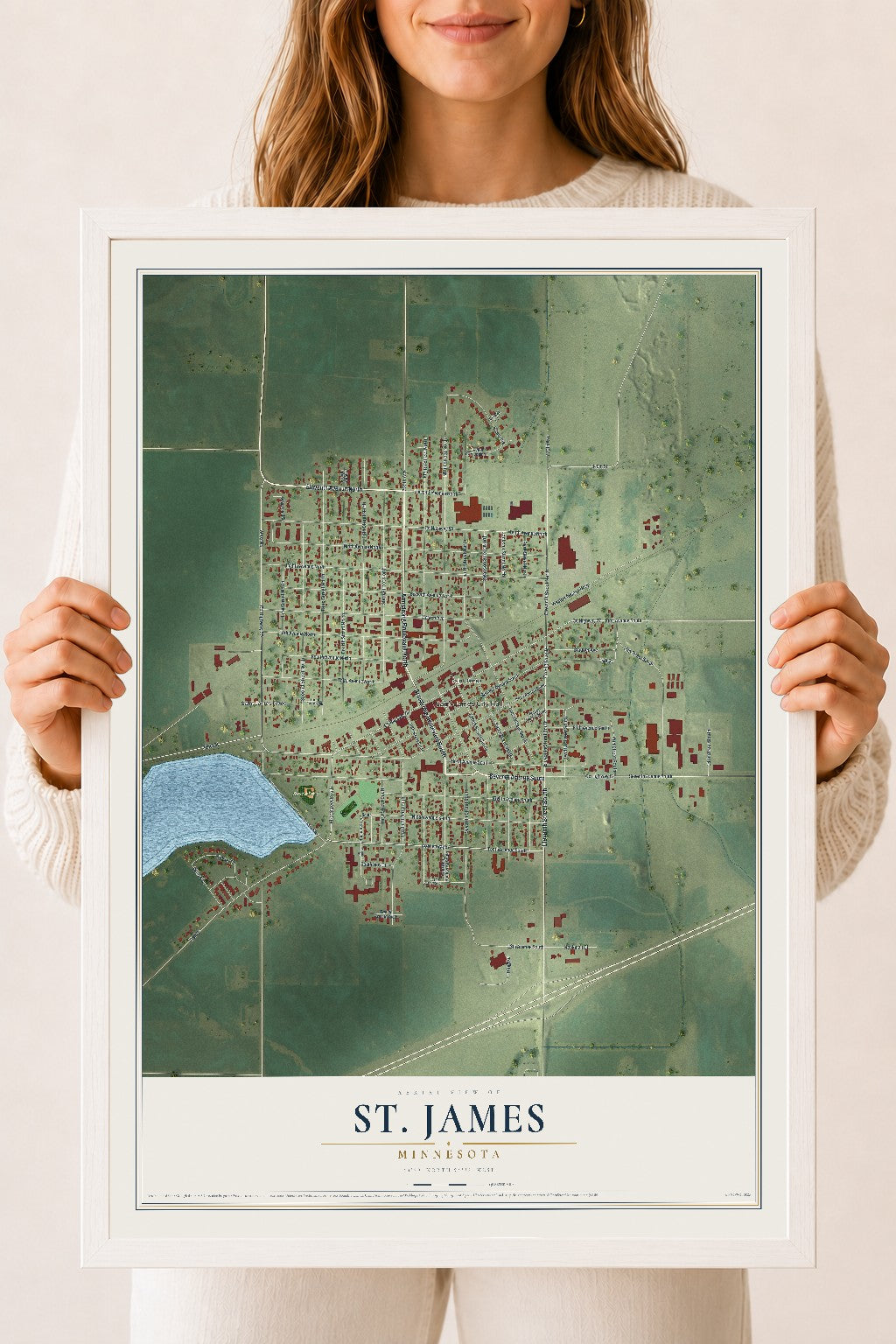 Map of St. James, Minnesota, 18 x 24 inch print in a white wood frame