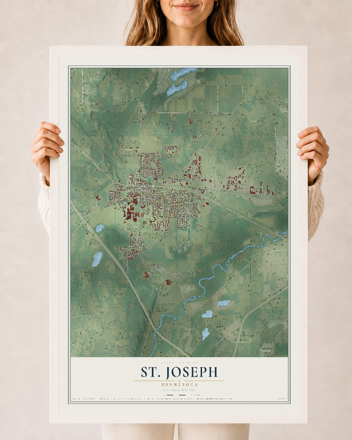Map of St. Joseph, Minnesota, 24 x 36 inch print in a white wood frame