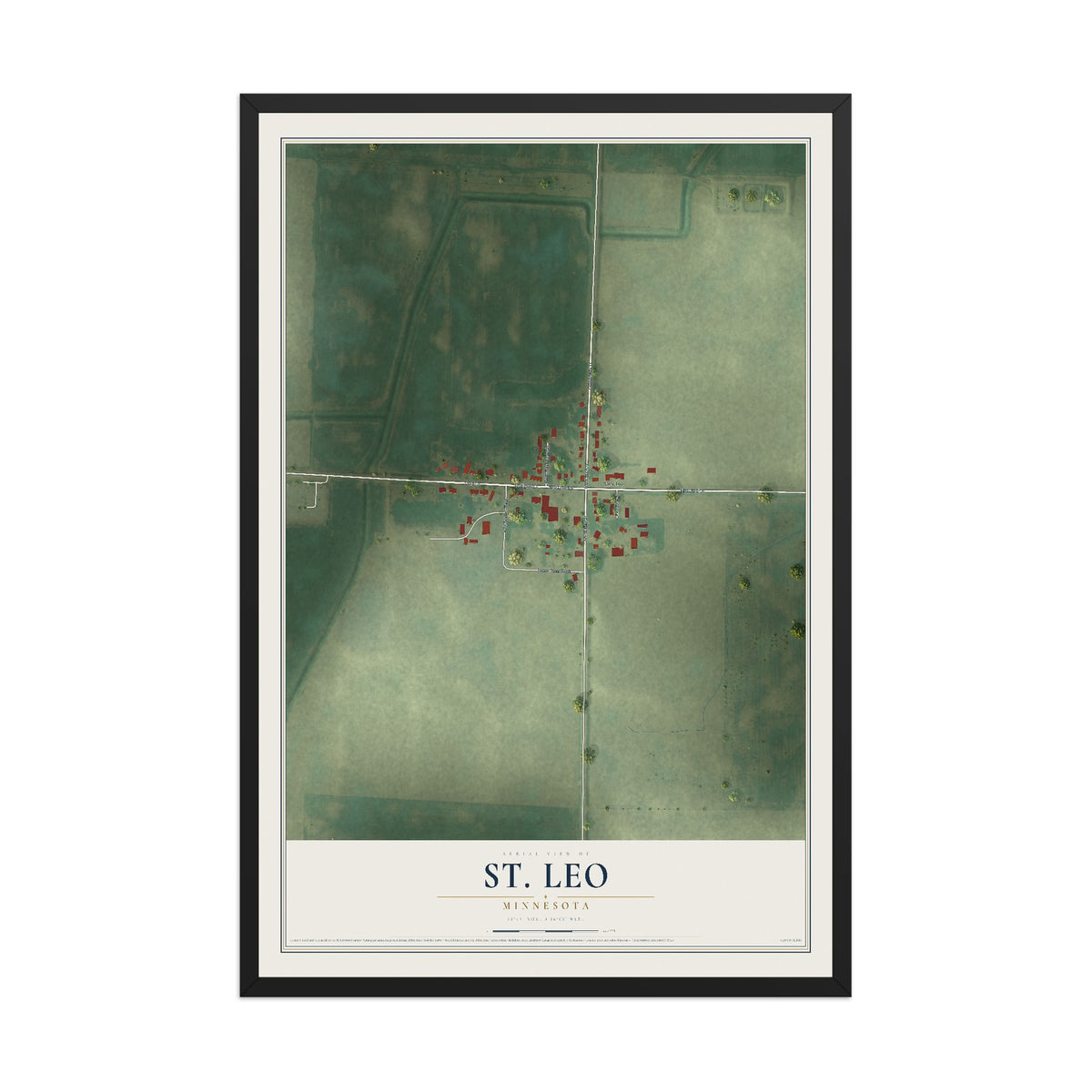Map of St. Leo, Minnesota, 12 x 18 inch print in a black wood frame