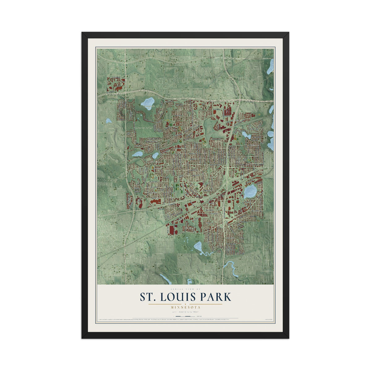Map of St. Louis Park, Minnesota, 12 x 18 inch print in a black wood frame