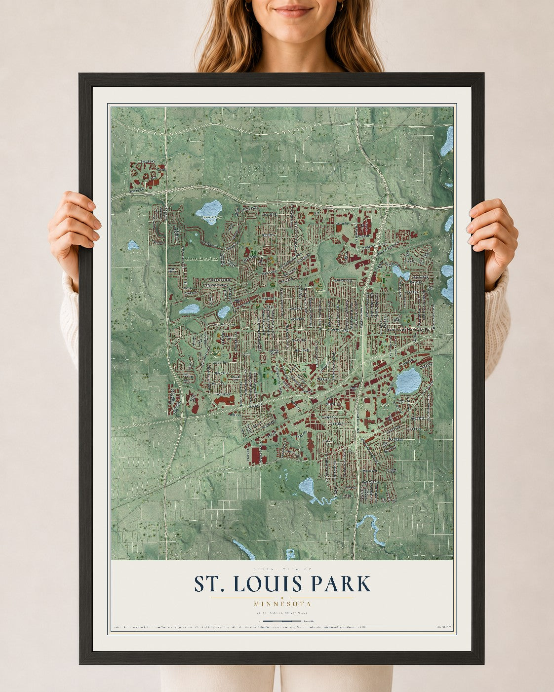 Map of St. Louis Park, Minnesota, 24 x 36 inch print in a black wood frame