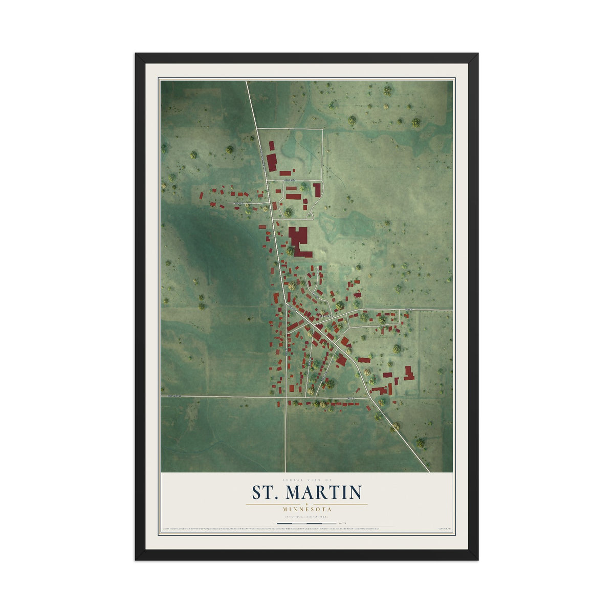 Map of St. Martin, Minnesota, 12 x 18 inch print in a black wood frame