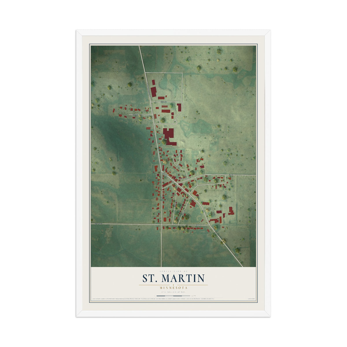 Map of St. Martin, Minnesota, 12 x 18 inch print in a white wood frame