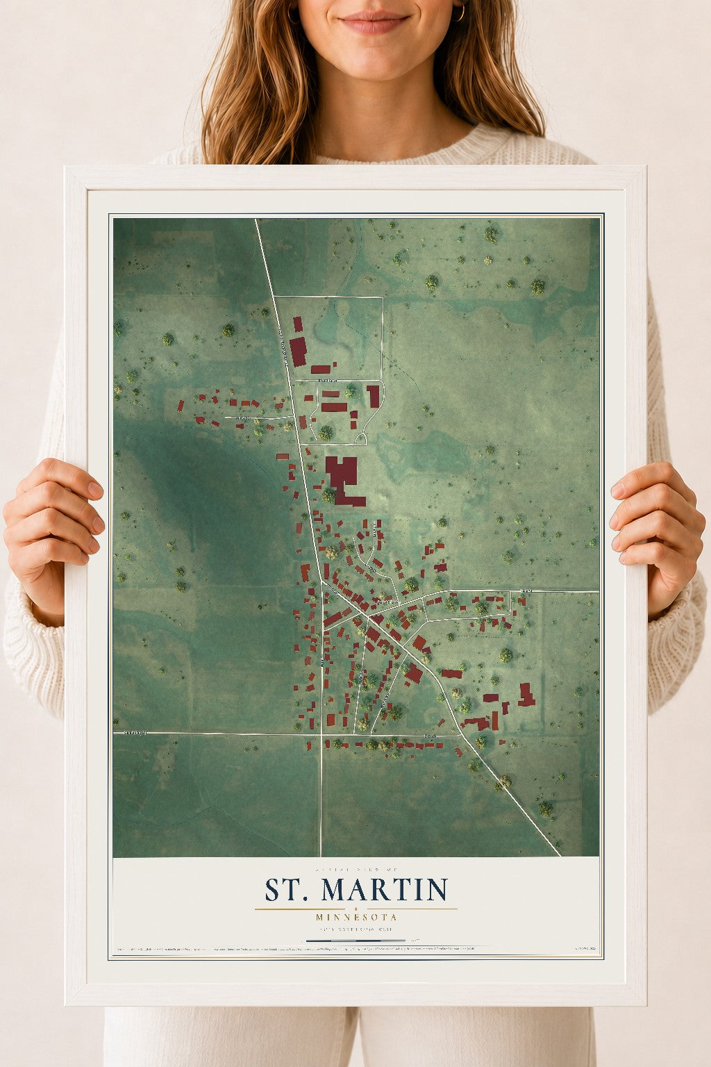 Map of St. Martin, Minnesota, 18 x 24 inch print in a white wood frame