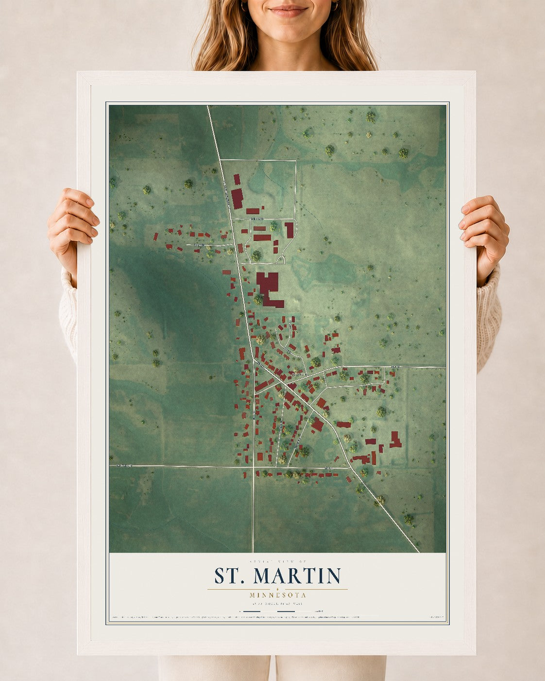 Map of St. Martin, Minnesota, 24 x 36 inch print in a white wood frame