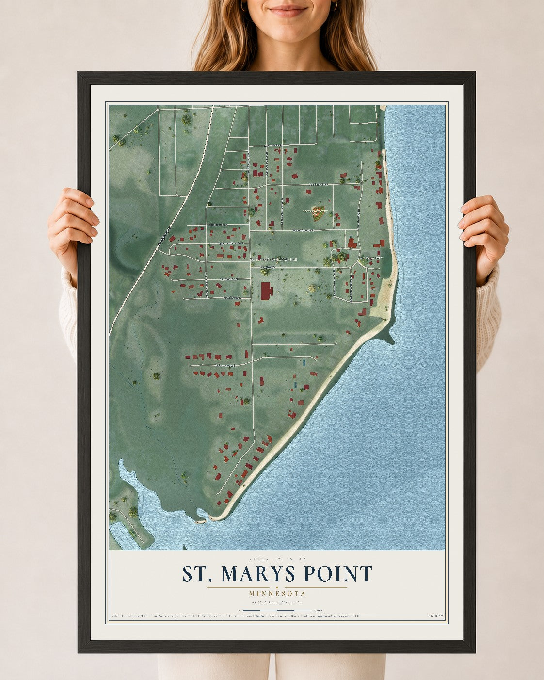 Map of St. Marys Point, Minnesota, 24 x 36 inch print in a black wood frame
