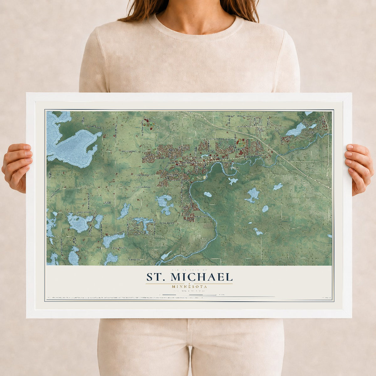 Map of St. Michael, Minnesota, 12 x 18 inch print in a white wood frame