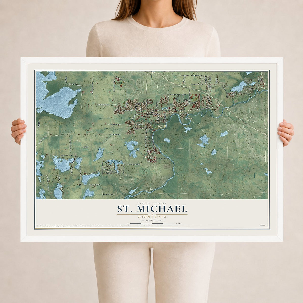 Map of St. Michael, Minnesota, 24 x 36 inch print in a white wood frame
