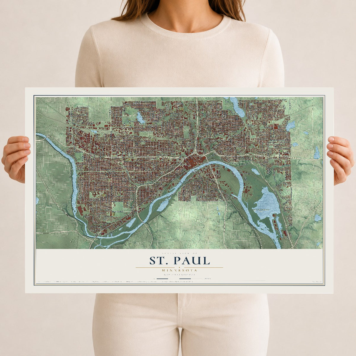 Map of St. Paul, Minnesota, 12 x 18 inch unframed archival matte print