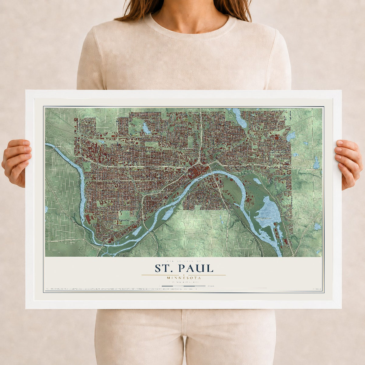 Map of St. Paul, Minnesota, 12 x 18 inch print in a white wood frame