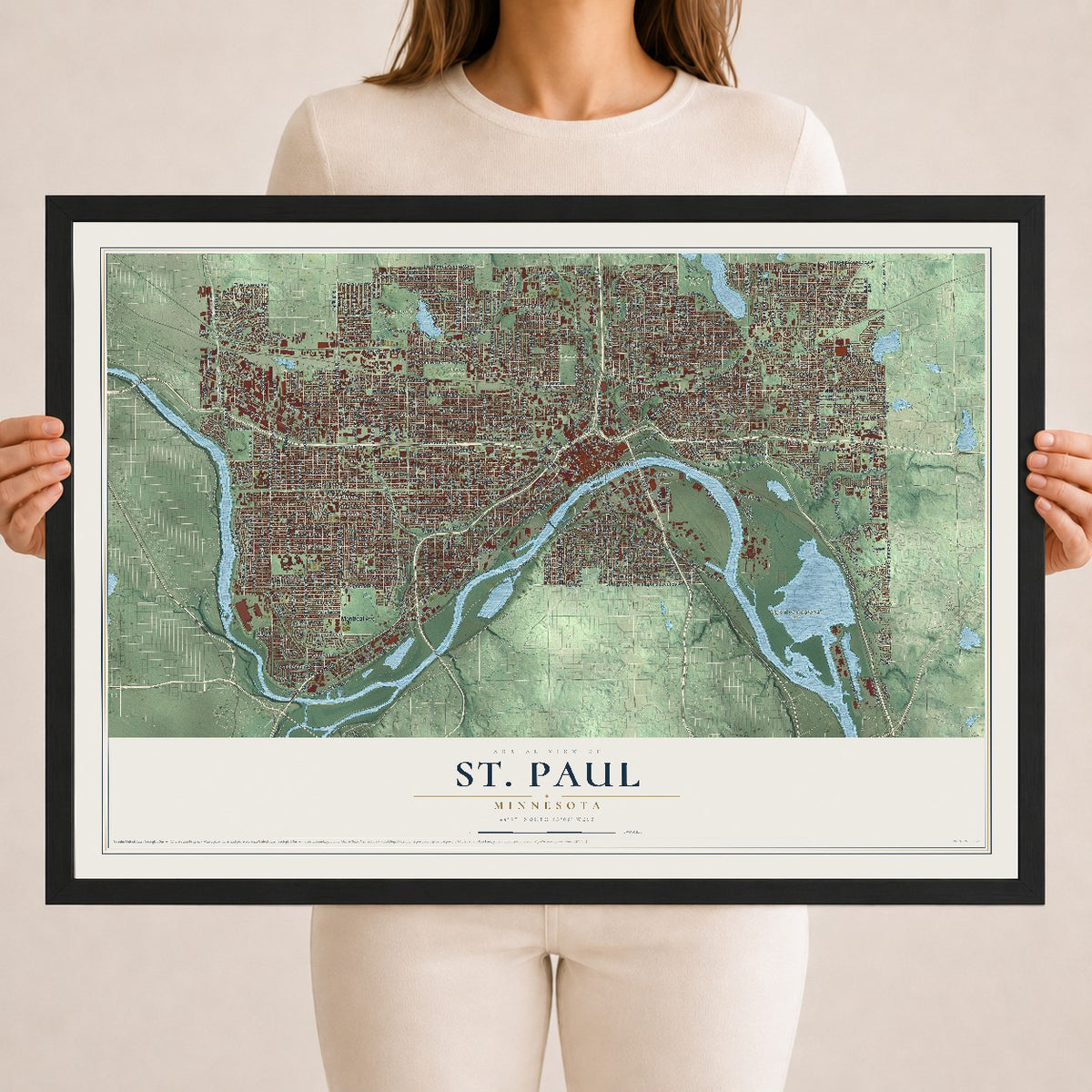 Map of St. Paul, Minnesota, 18 x 24 inch print in a black wood frame