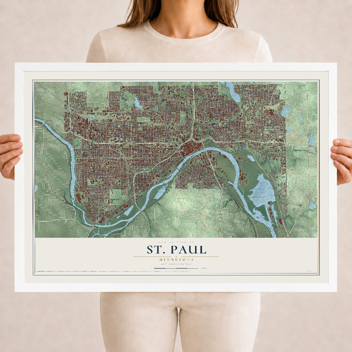 Map of St. Paul, Minnesota, 18 x 24 inch print in a white wood frame