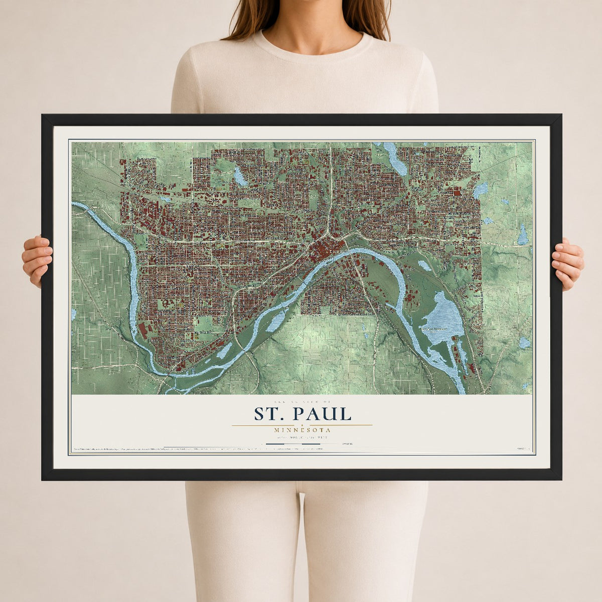 Map of St. Paul, Minnesota, 24 x 36 inch print in a black wood frame