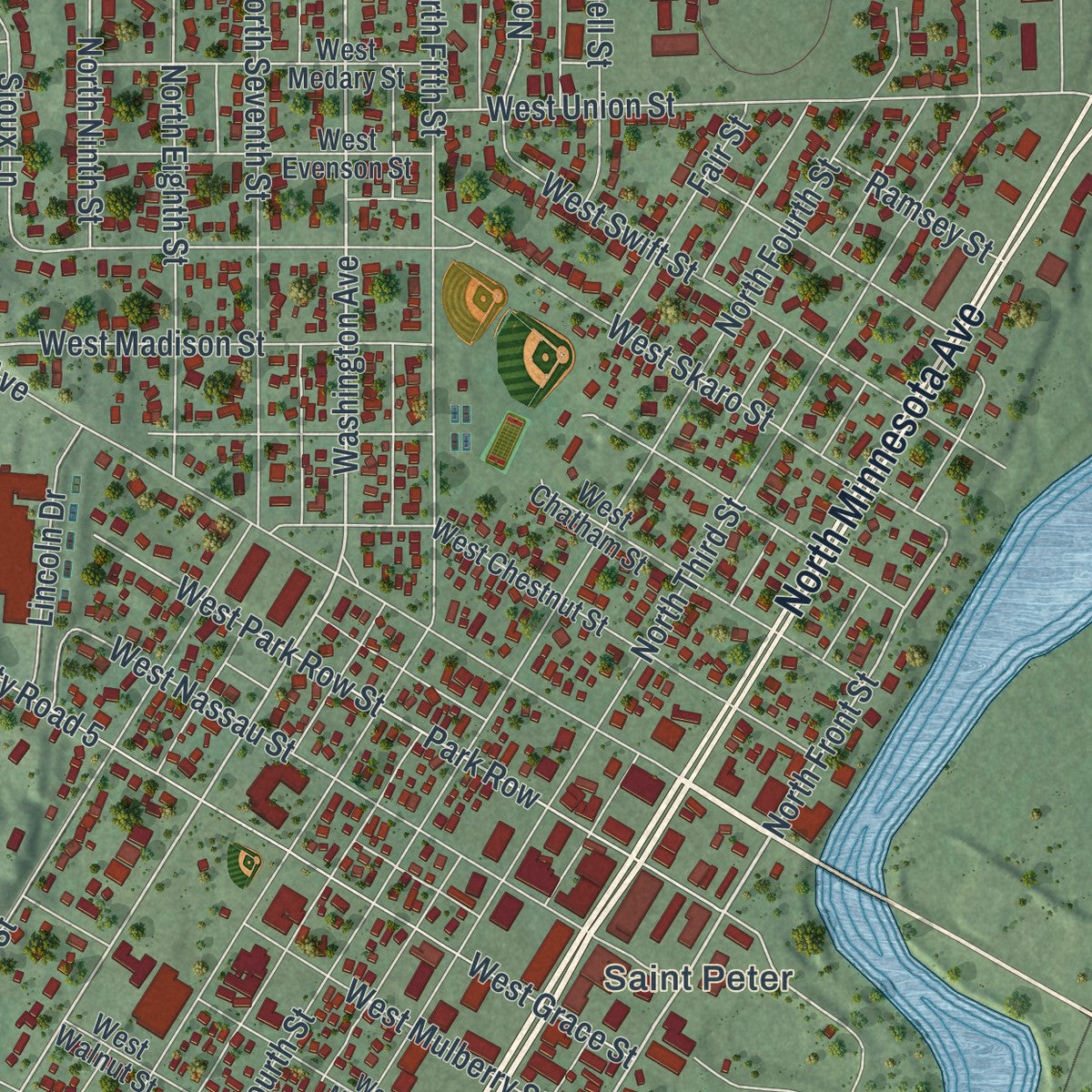 Close-up of the map of St. Peter, Minnesota print showing street and building detail