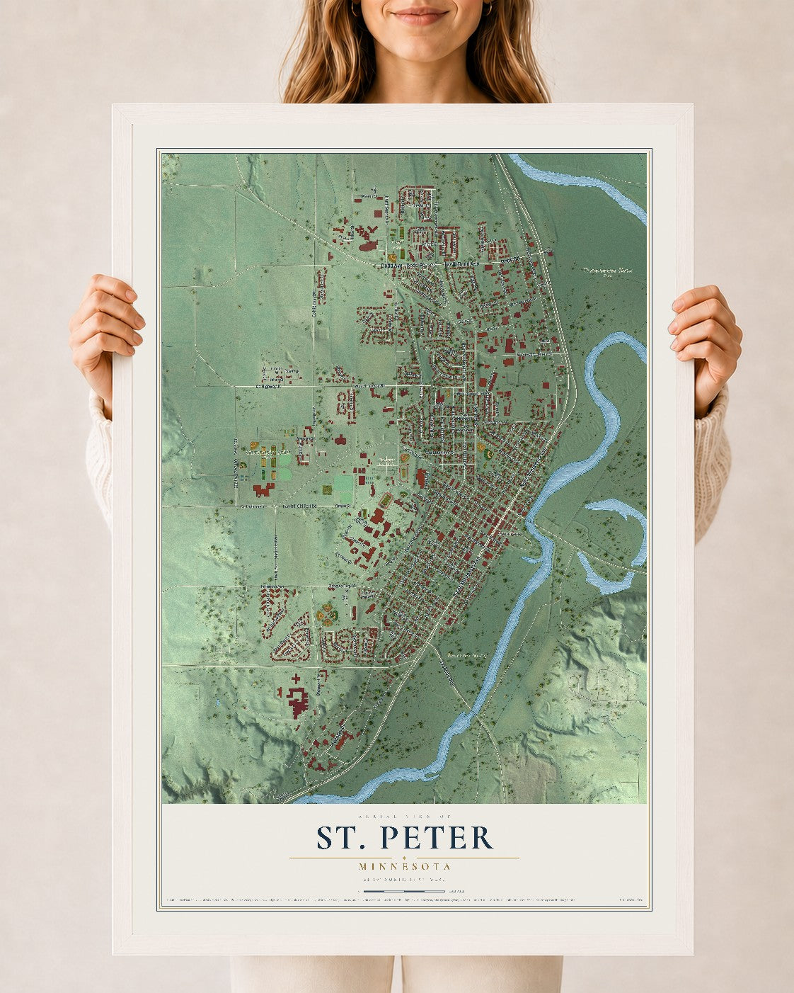 Map of St. Peter, Minnesota, 24 x 36 inch print in a white wood frame