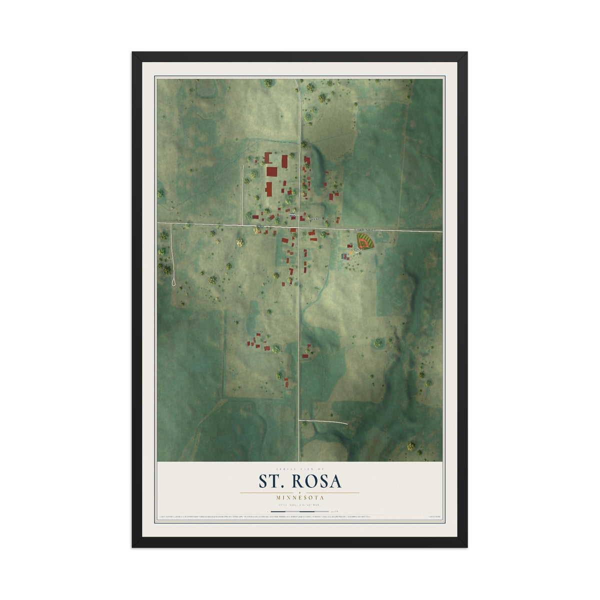 Map of St. Rosa, Minnesota, 12 x 18 inch print in a black wood frame