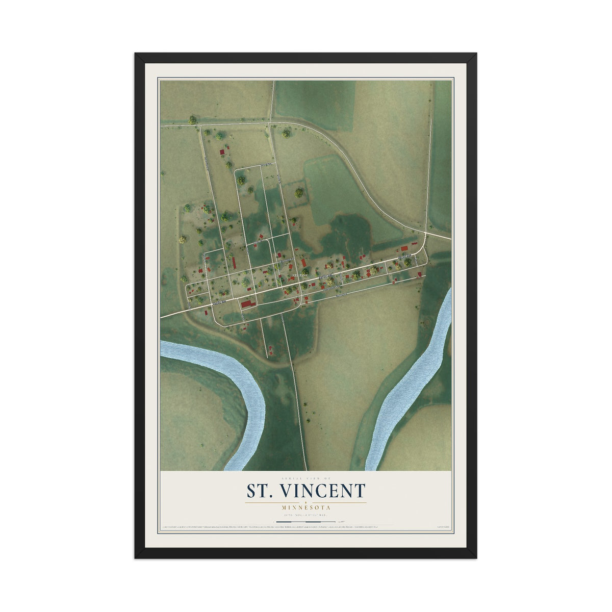 Map of St. Vincent, Minnesota, 12 x 18 inch print in a black wood frame