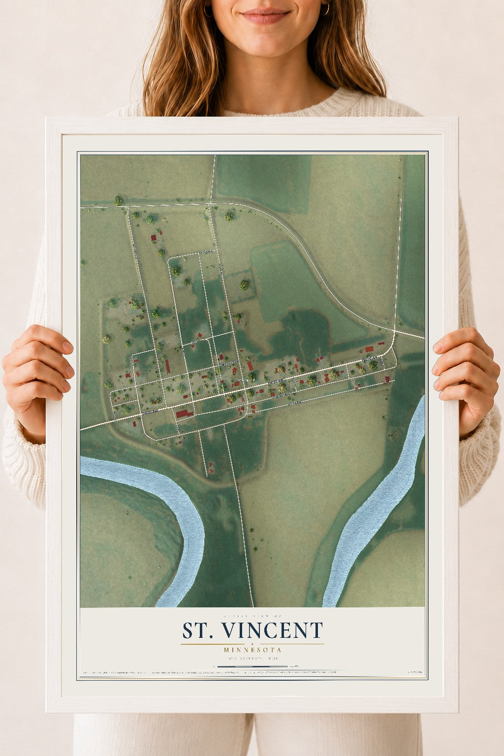 Map of St. Vincent, Minnesota, 18 x 24 inch print in a white wood frame