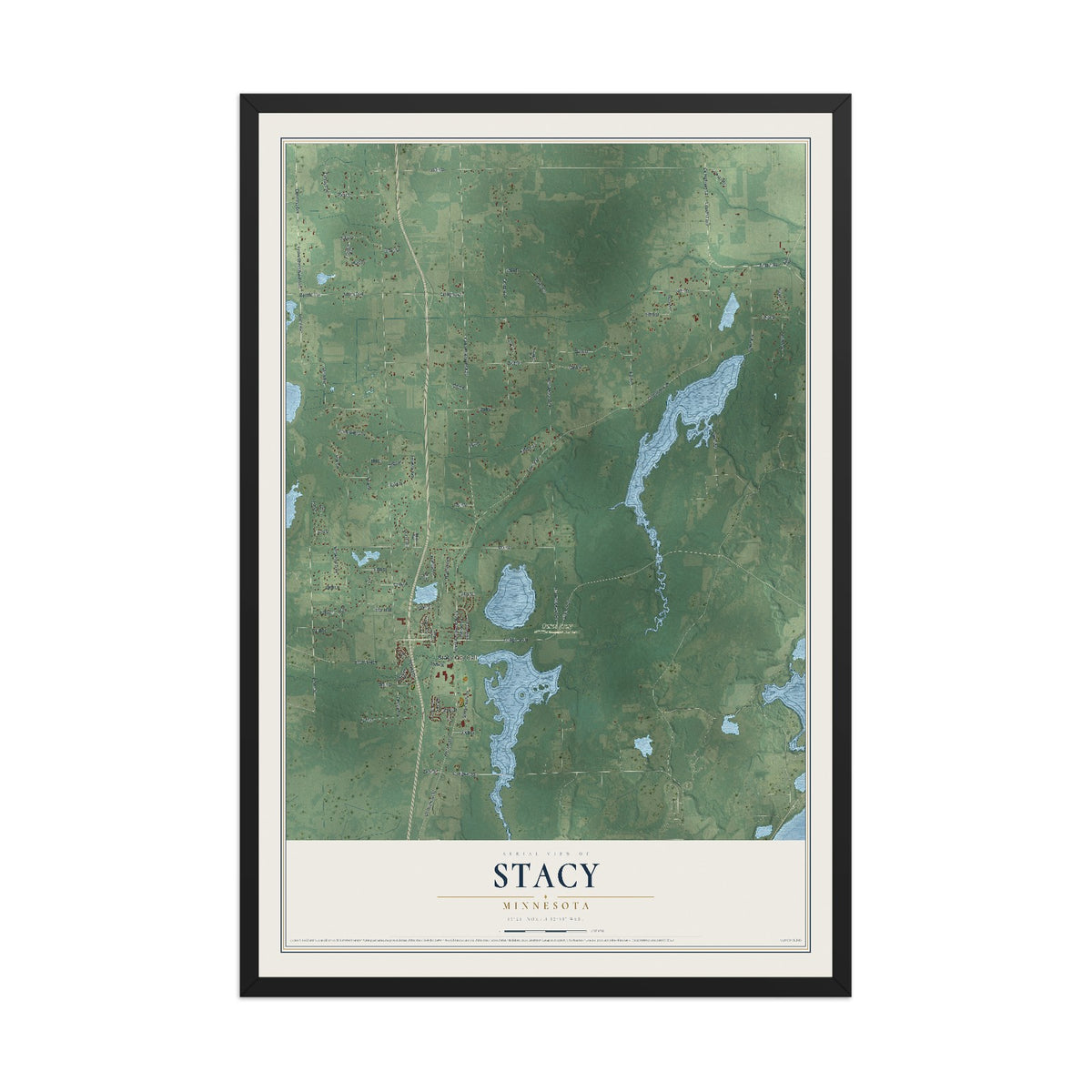 Map of Stacy, Minnesota, 12 x 18 inch print in a black wood frame