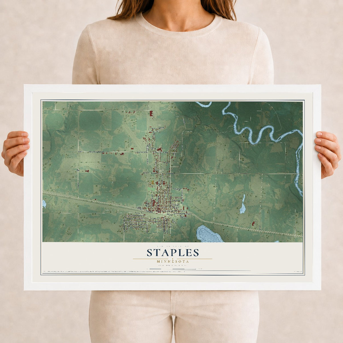 Map of Staples, Minnesota, 12 x 18 inch print in a white wood frame