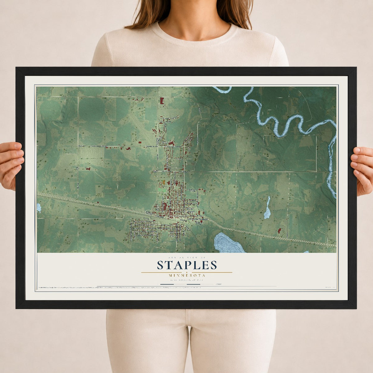 Map of Staples, Minnesota, 18 x 24 inch print in a black wood frame