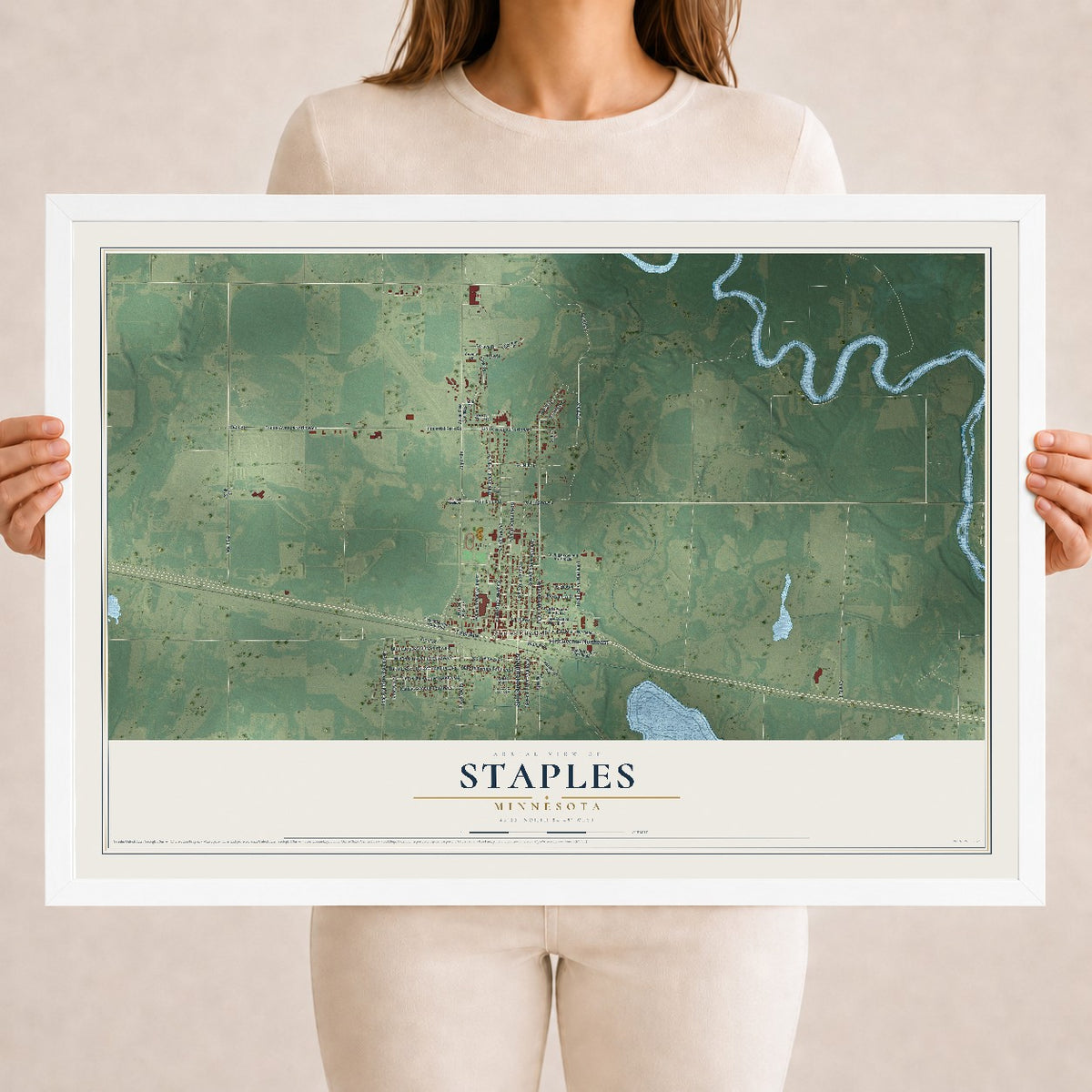 Map of Staples, Minnesota, 18 x 24 inch print in a white wood frame