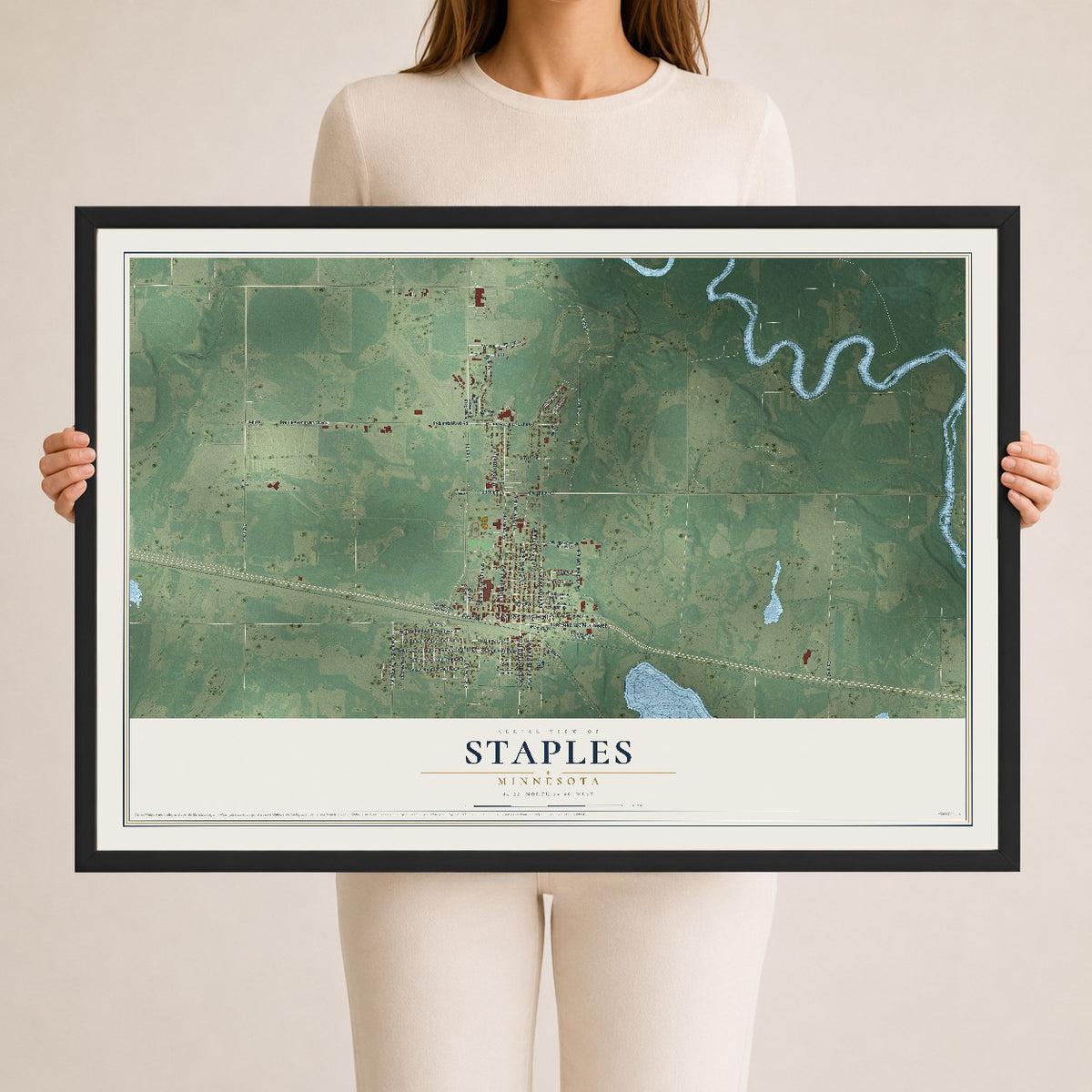 Map of Staples, Minnesota, 24 x 36 inch print in a black wood frame