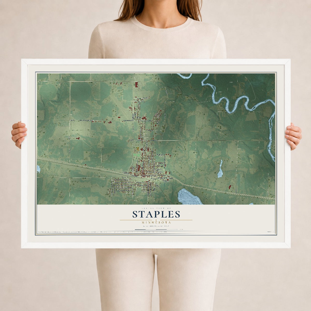 Map of Staples, Minnesota, 24 x 36 inch print in a white wood frame