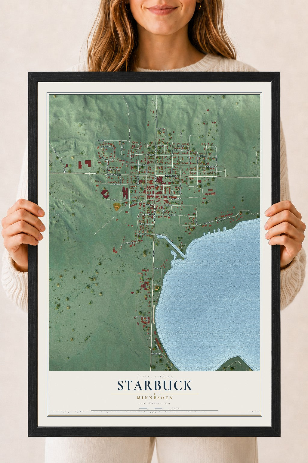 Map of Starbuck, Minnesota, 18 x 24 inch print in a black wood frame