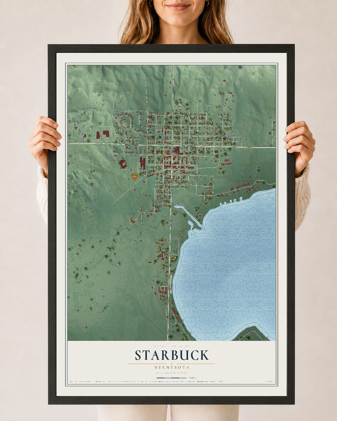 Map of Starbuck, Minnesota, 24 x 36 inch print in a black wood frame