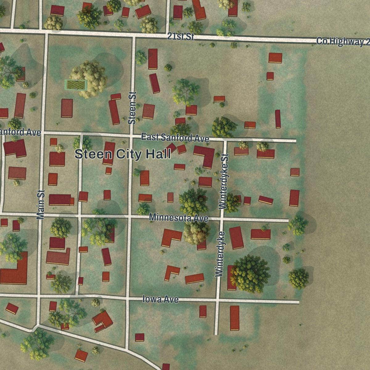 Close-up of the map of Steen, Minnesota print showing street and building detail