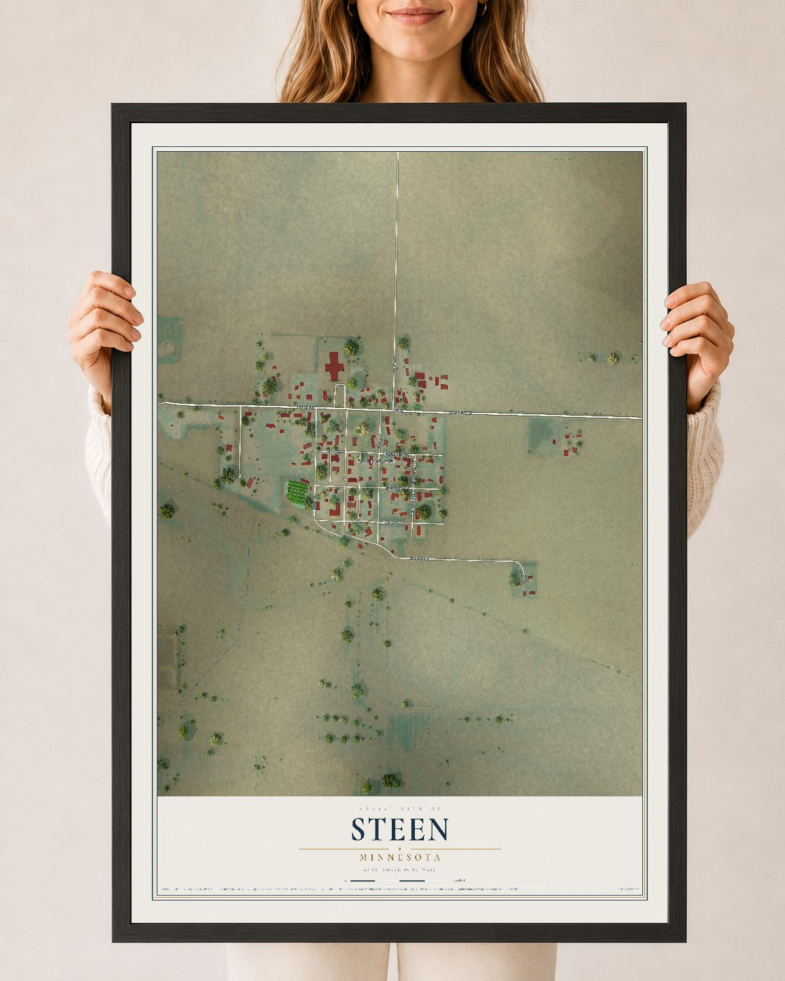 Map of Steen, Minnesota, 24 x 36 inch print in a black wood frame