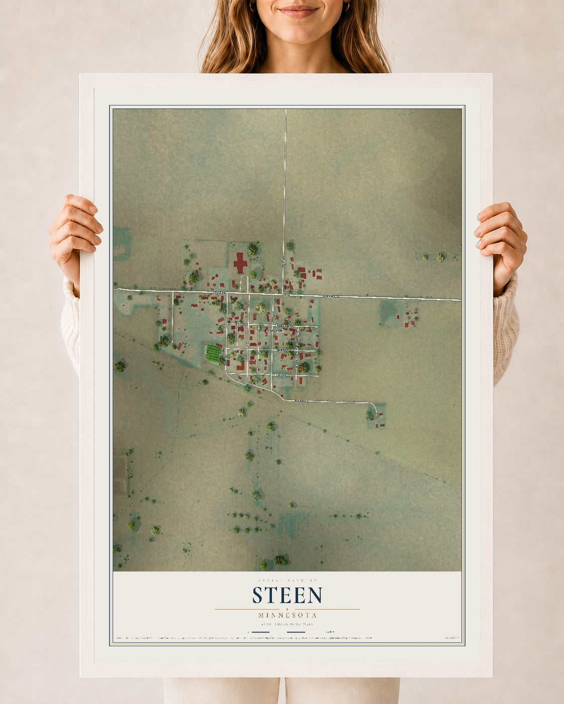 Map of Steen, Minnesota, 24 x 36 inch print in a white wood frame