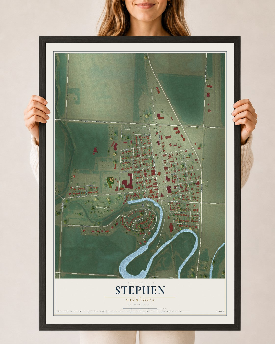Map of Stephen, Minnesota, 24 x 36 inch print in a black wood frame