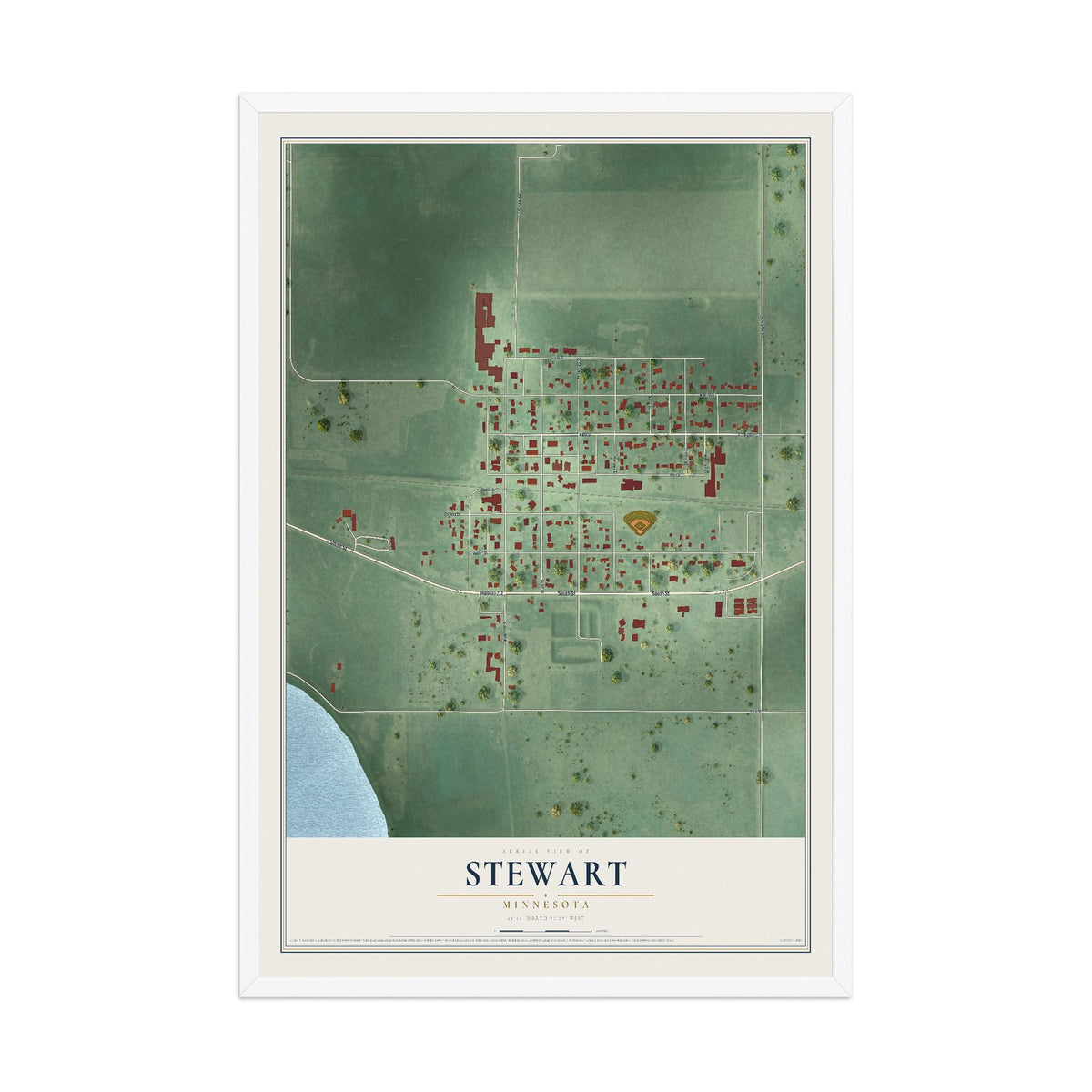 Map of Stewart, Minnesota, 12 x 18 inch print in a white wood frame