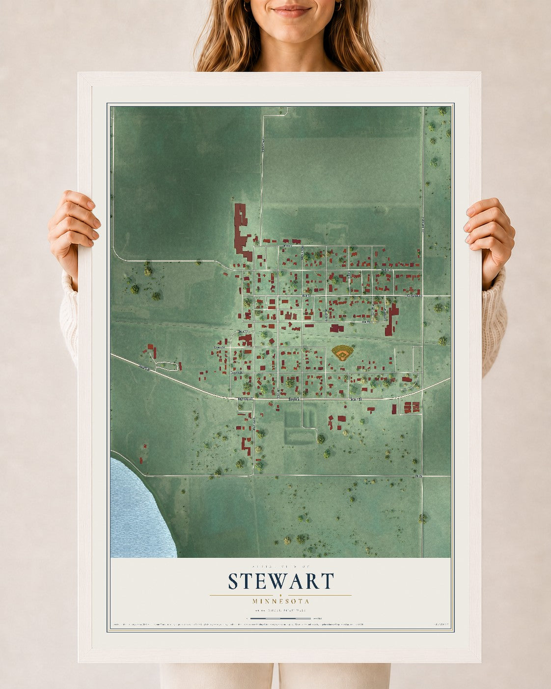 Map of Stewart, Minnesota, 24 x 36 inch print in a white wood frame