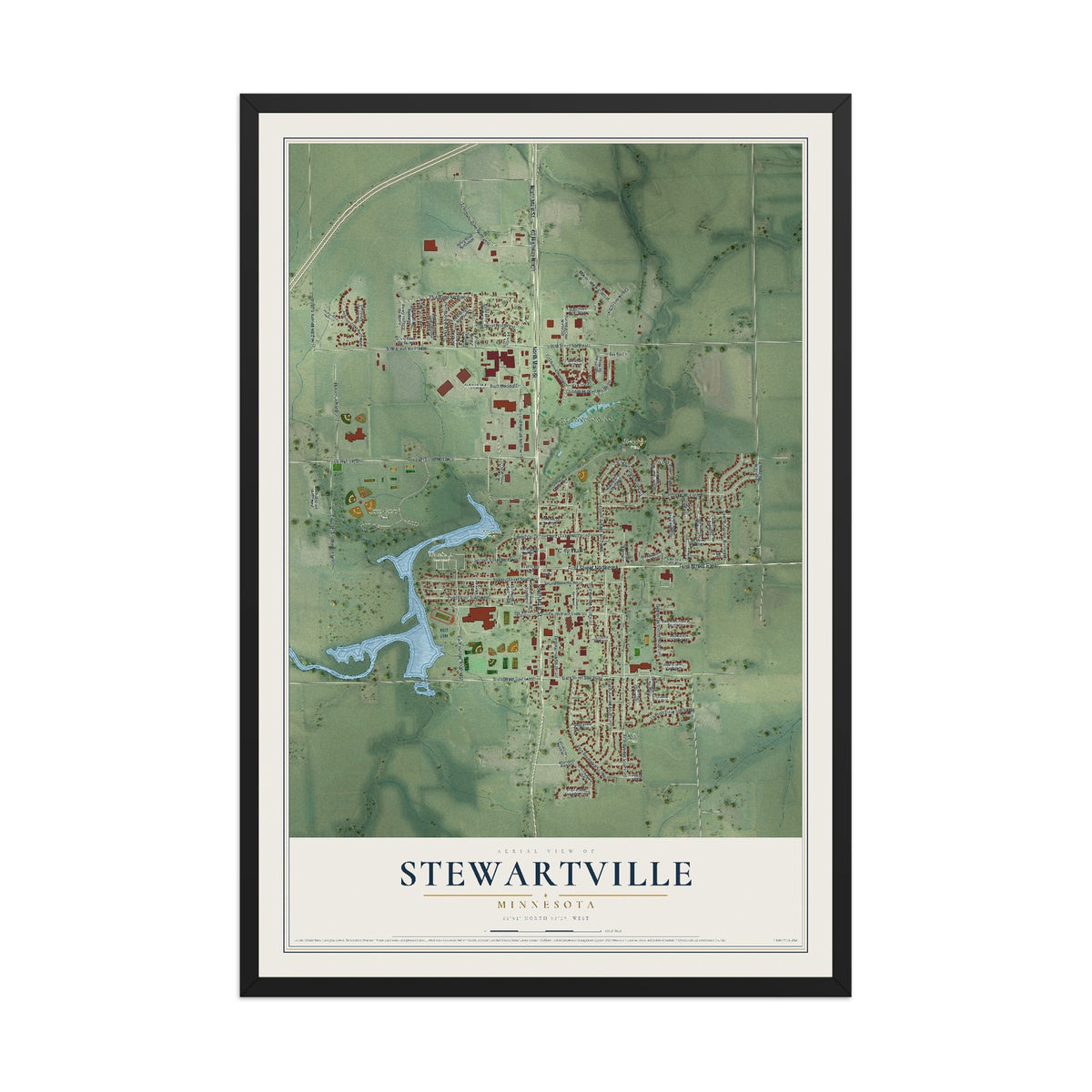 Map of Stewartville, Minnesota, 12 x 18 inch print in a black wood frame