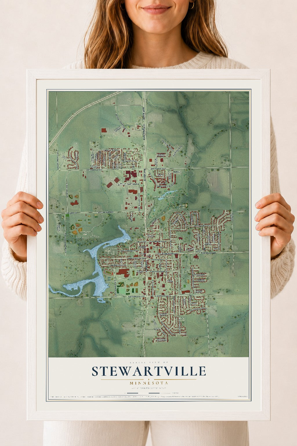 Map of Stewartville, Minnesota, 18 x 24 inch print in a white wood frame
