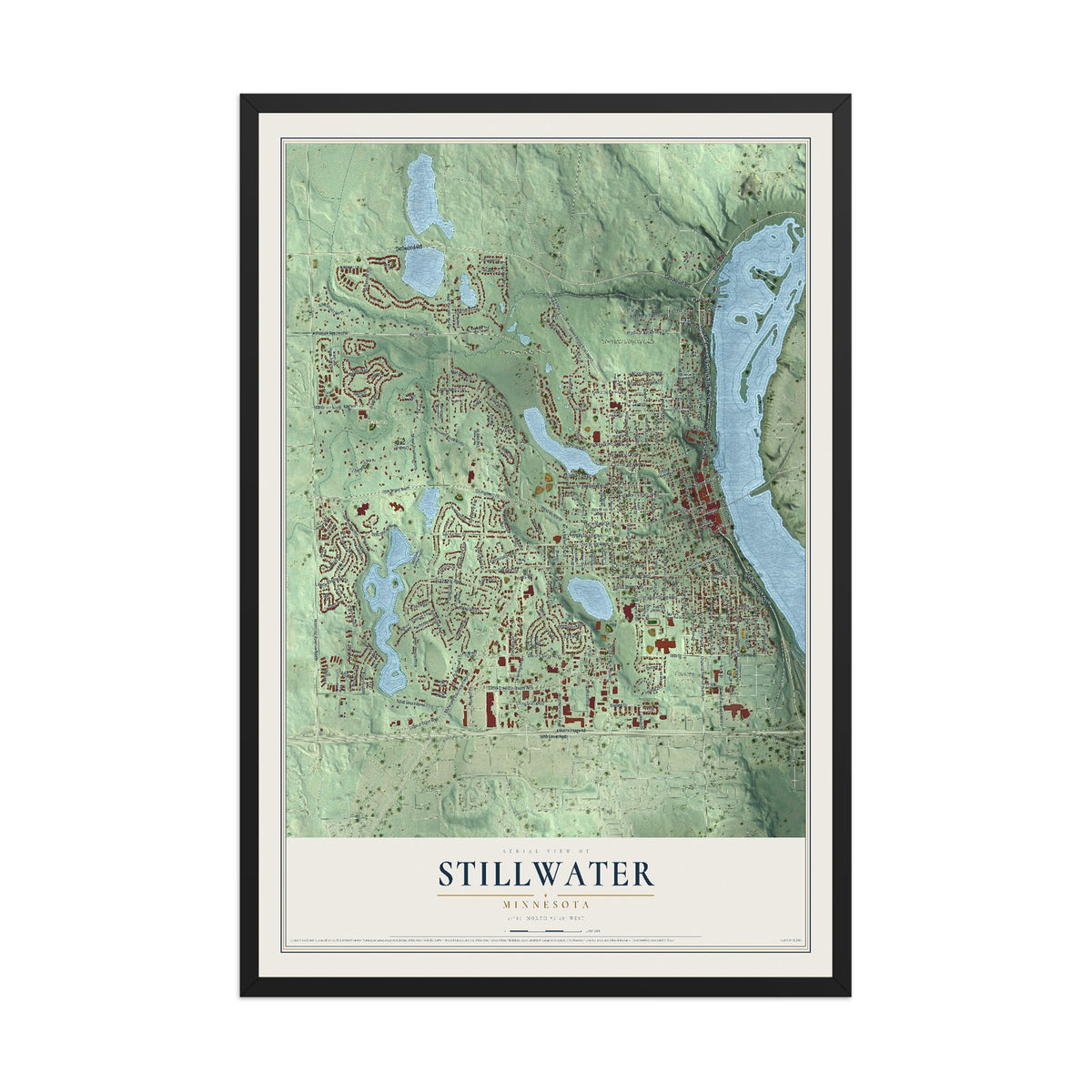 Map of Stillwater, Minnesota, 12 x 18 inch print in a black wood frame