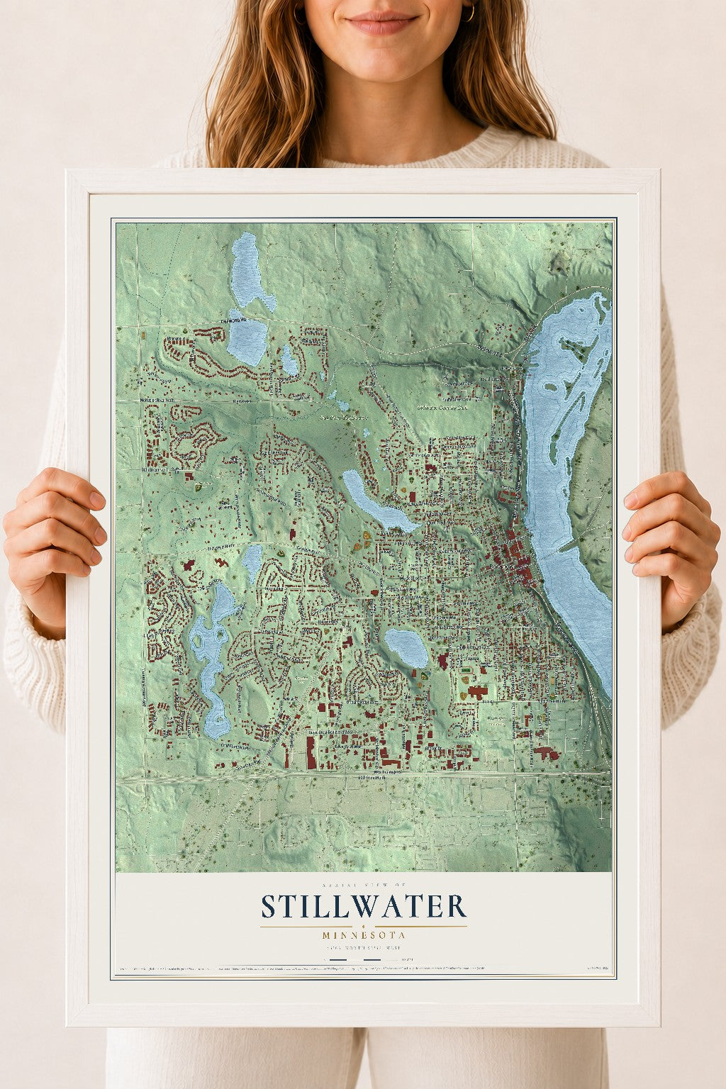 Map of Stillwater, Minnesota, 18 x 24 inch print in a white wood frame