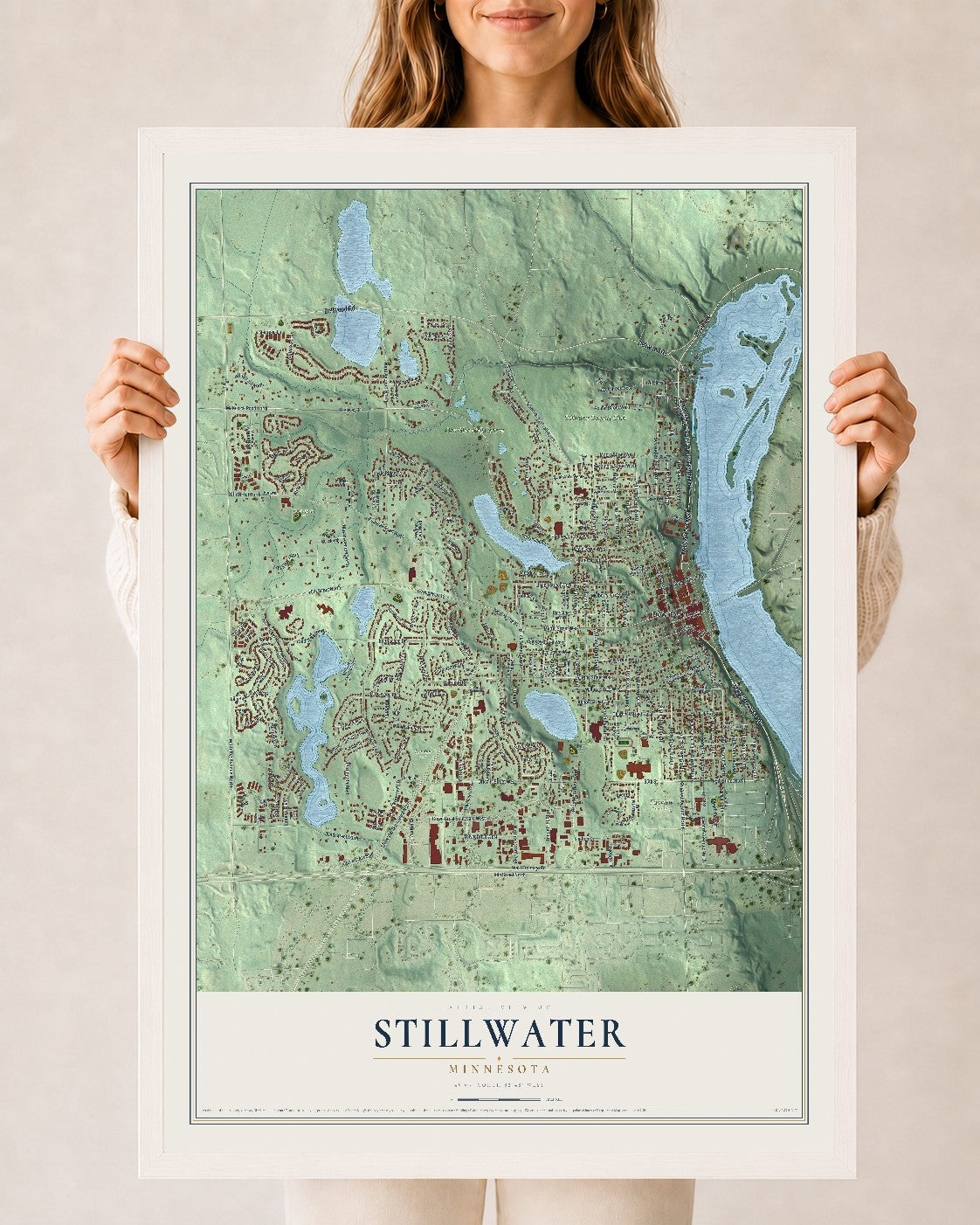 Map of Stillwater, Minnesota, 24 x 36 inch print in a white wood frame