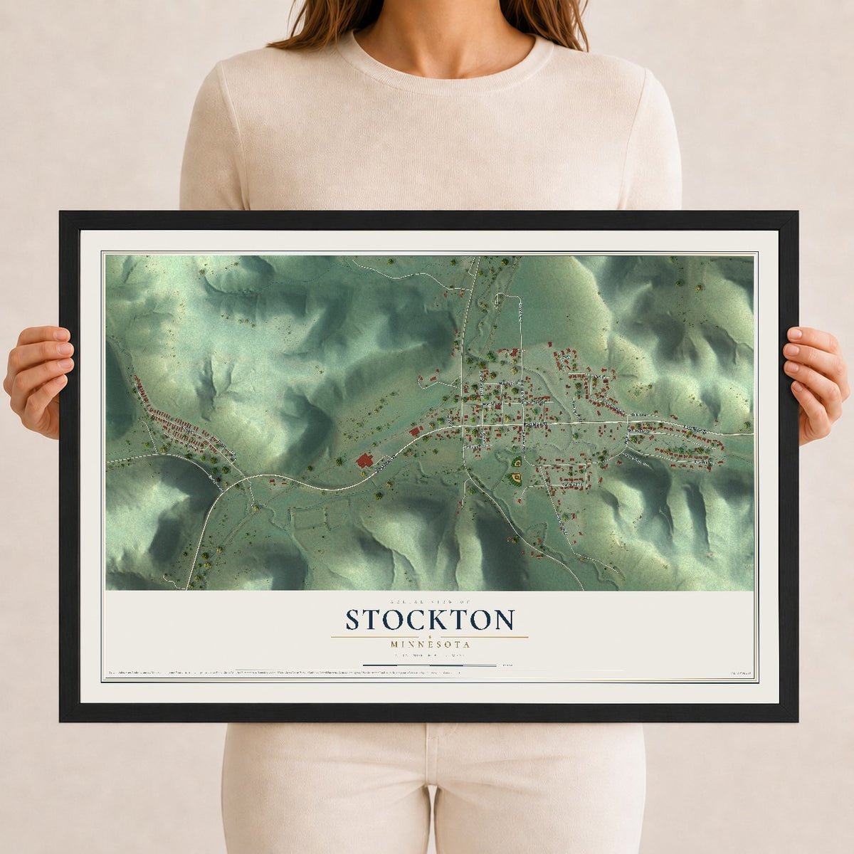 Map of Stockton, Minnesota, 12 x 18 inch print in a black wood frame