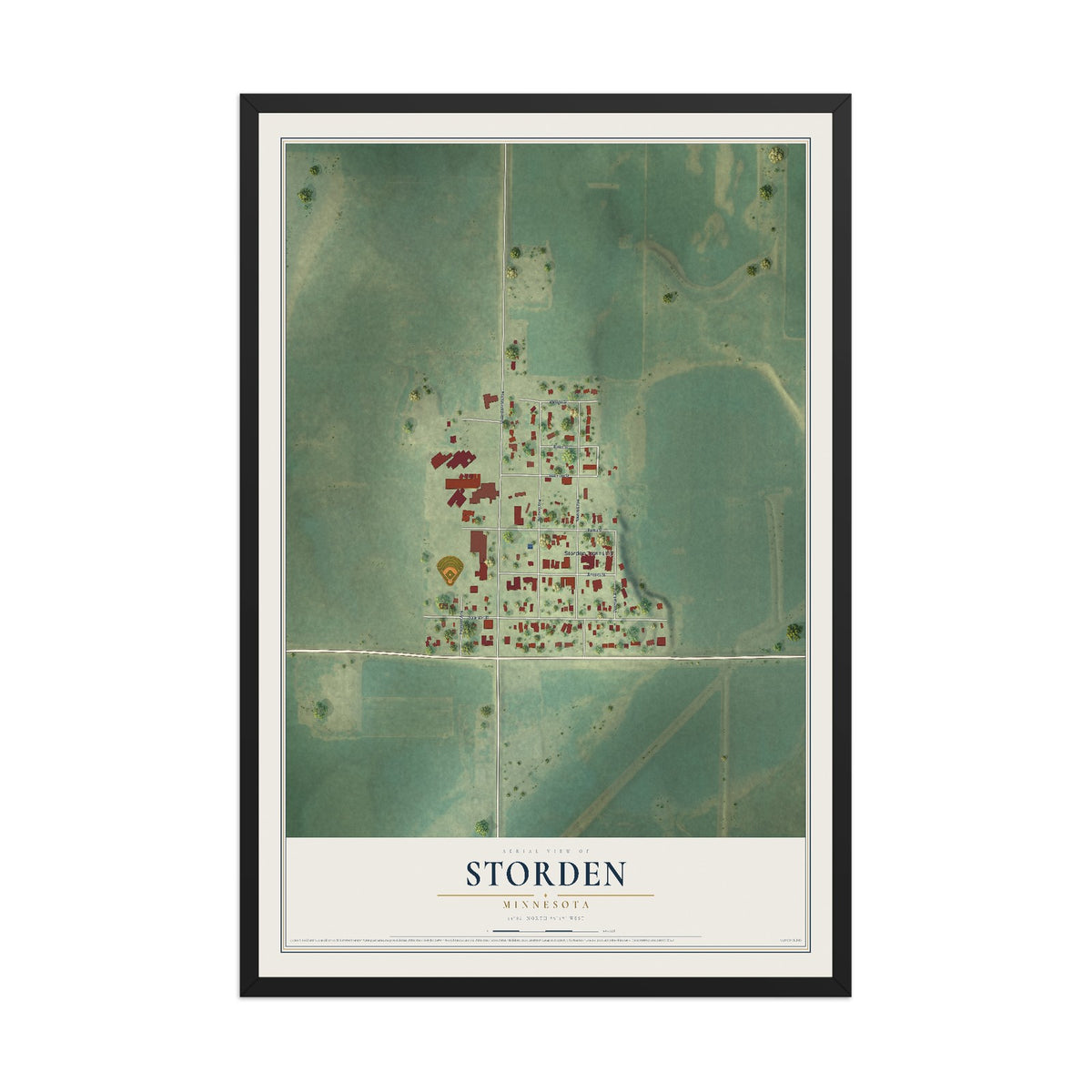 Map of Storden, Minnesota, 12 x 18 inch print in a black wood frame