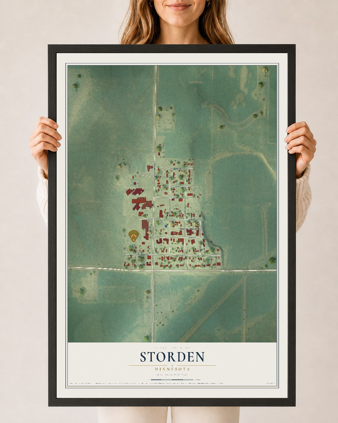 Map of Storden, Minnesota, 24 x 36 inch print in a black wood frame