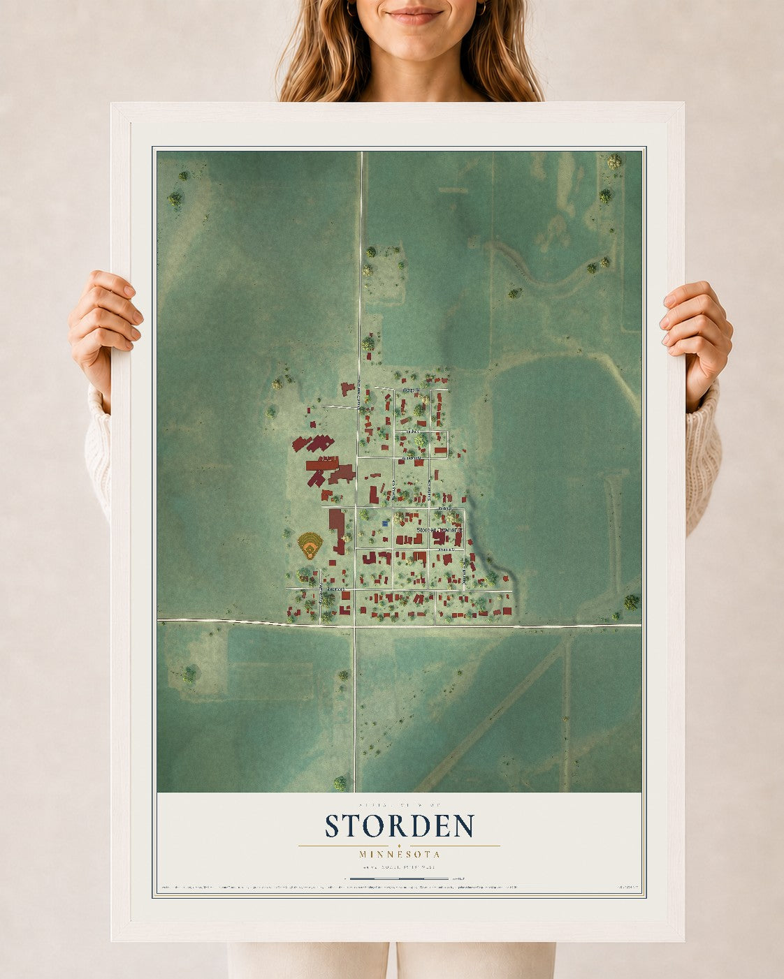 Map of Storden, Minnesota, 24 x 36 inch print in a white wood frame